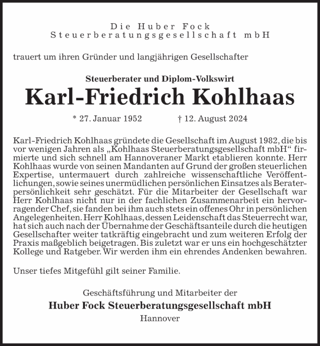 Patenzettel Karl Friedrich Kohlhaas geboren 27. Januar 1952 verstorben 12. August 2024